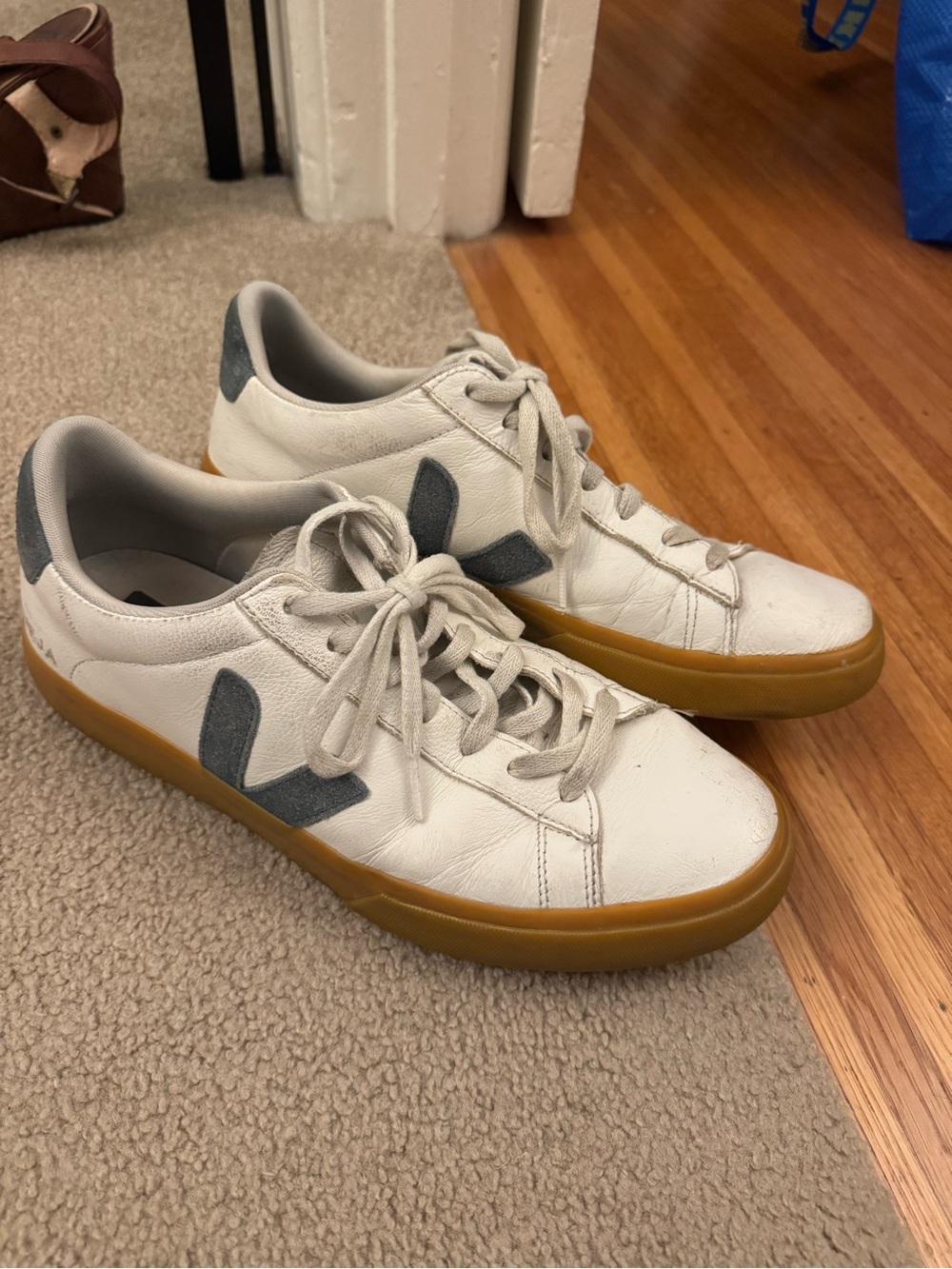 Veja campo White Leather Sneakers with blue Suede V Logo and Gum Sole